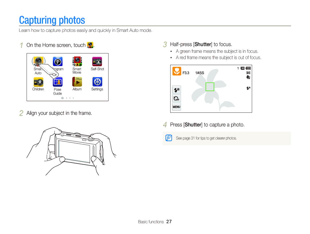 Samsung ECST700, EC-ST700ZBPBUS user manual Capturing photos, Align your subject in the frame Half-press Shutter to focus 