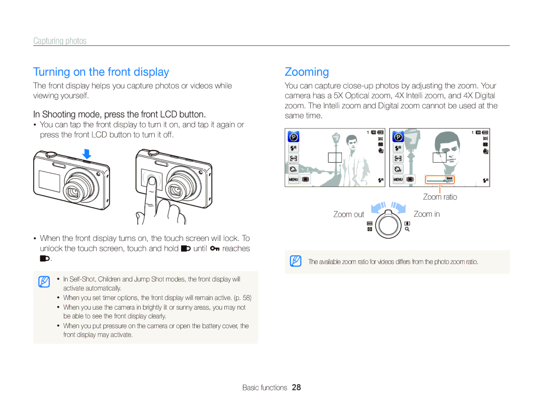 Samsung EC-ST700ZBPBUS Turning on the front display, Zooming, Capturing photos, Shooting mode, press the front LCD button 