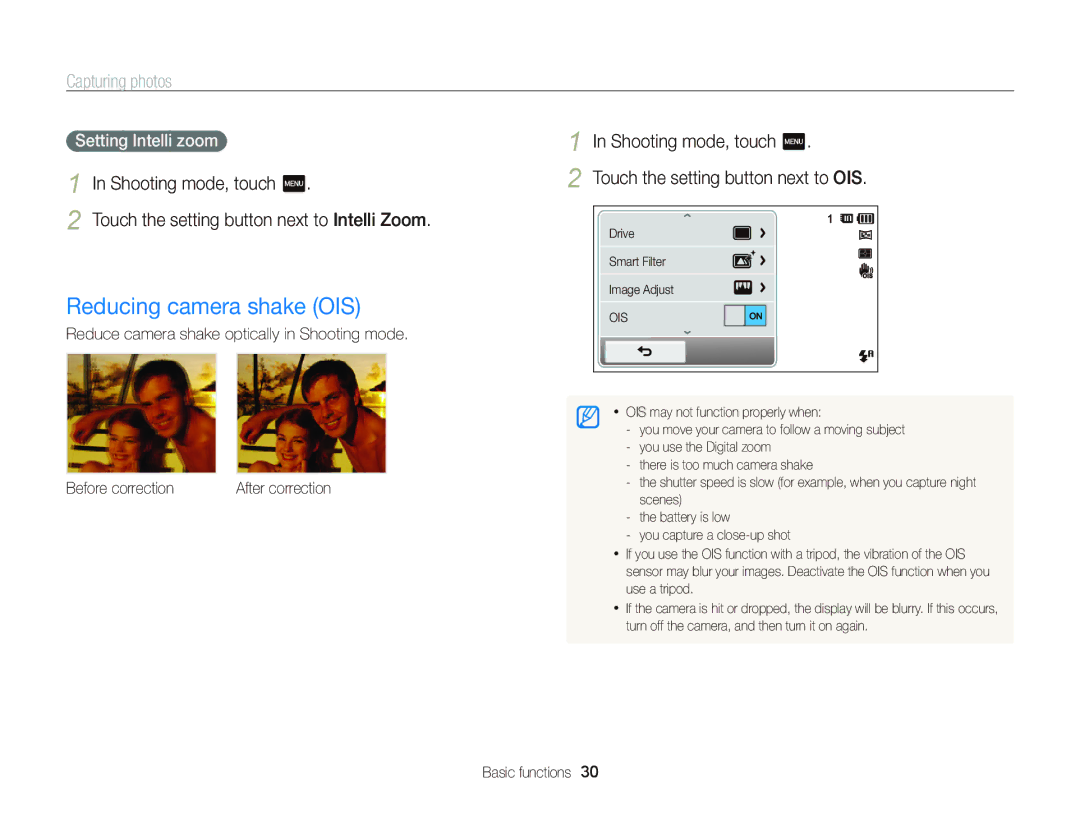 Samsung EC-ST700ZBPBUS, ECST700 user manual Reducing camera shake OIS, Setting Intelli zoom 