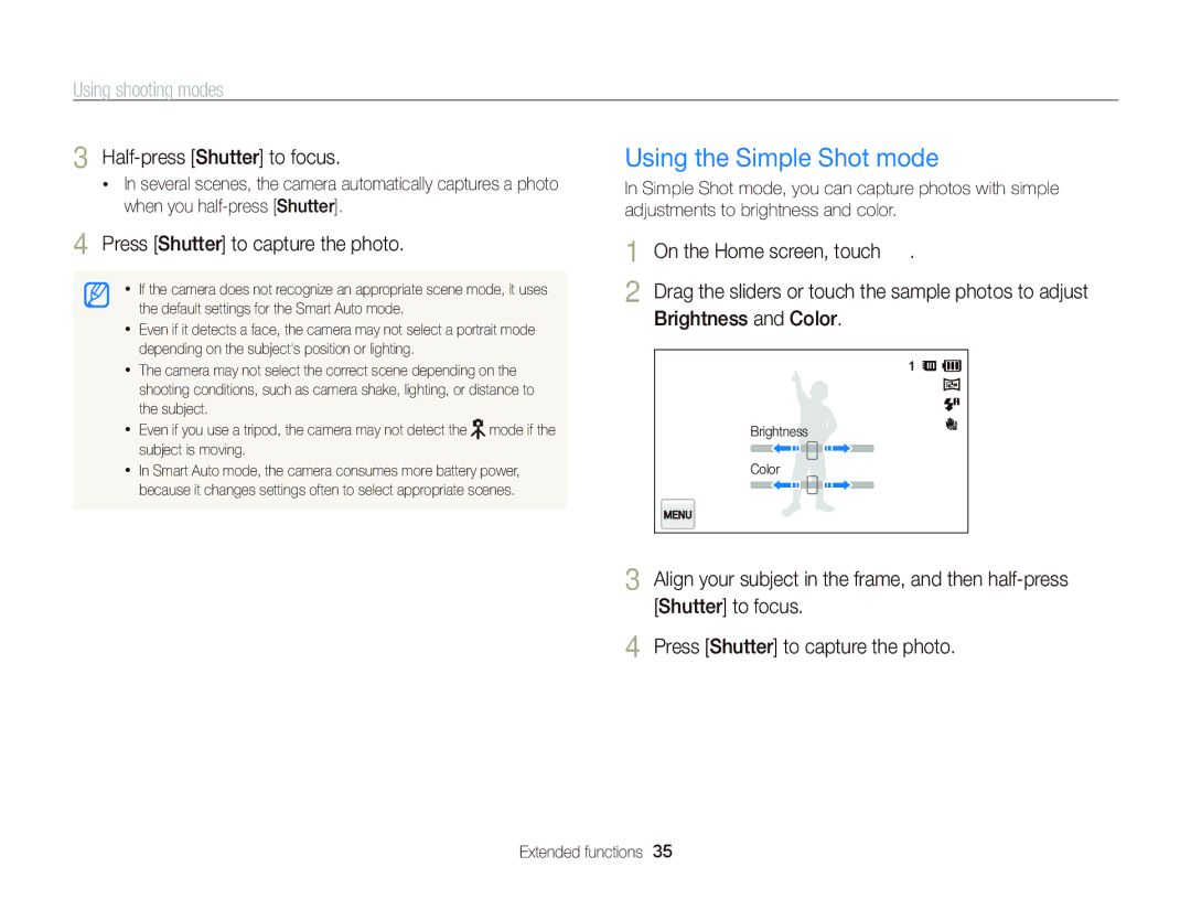Samsung ECST700 Using the Simple Shot mode, Using shooting modes, Press Shutter to capture the photo, Brightness and Color 