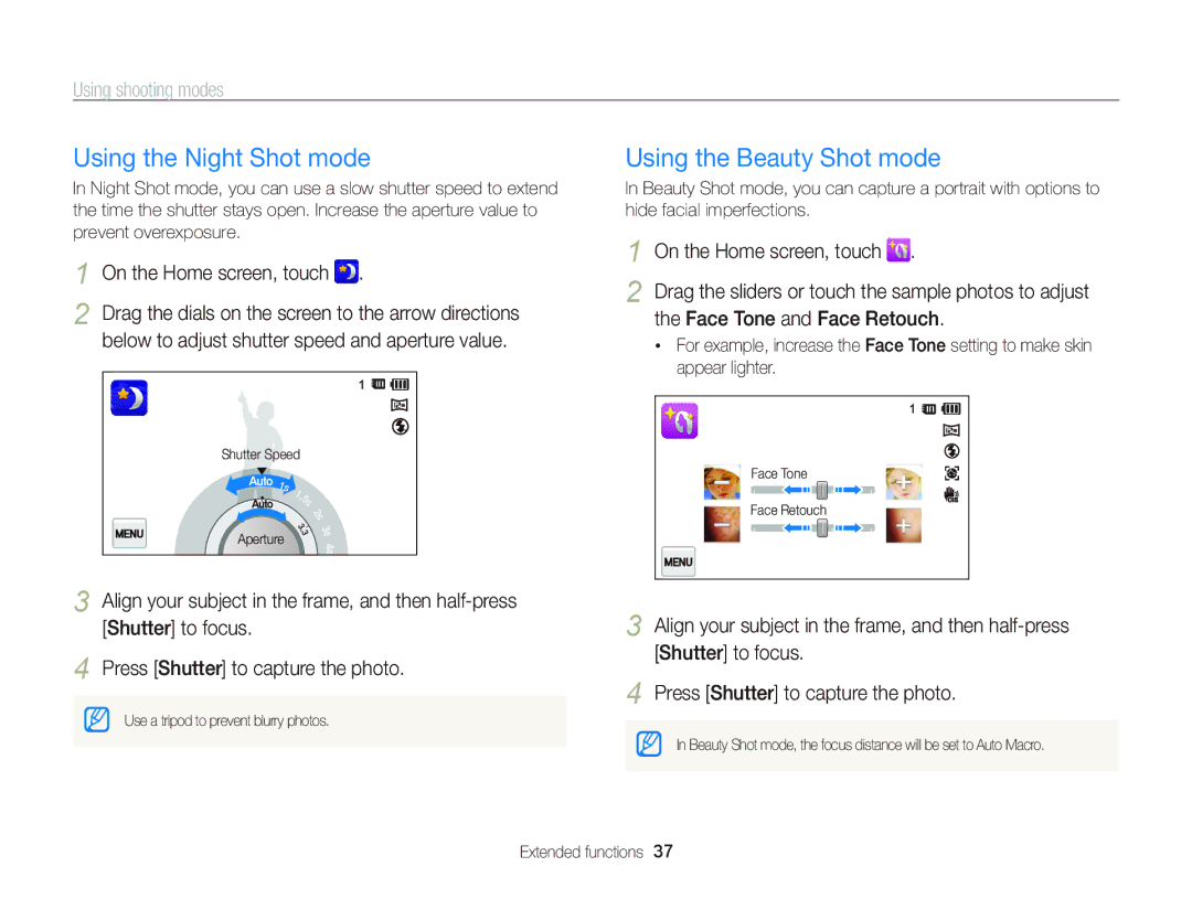 Samsung ECST700, EC-ST700ZBPBUS Using the Night Shot mode, Using the Beauty Shot mode, Face Tone and Face Retouch 