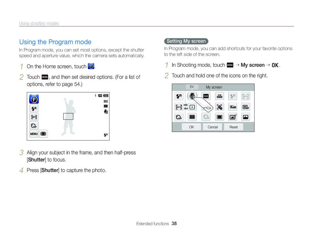 Samsung EC-ST700ZBPBUS, ECST700 user manual Using the Program mode, Options, refer to, Setting My screen 