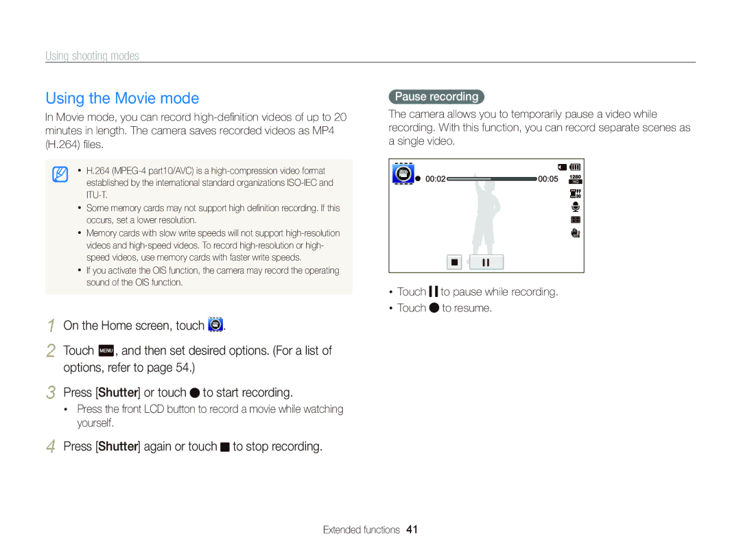 Samsung ECST700, EC-ST700ZBPBUS user manual Using the Movie mode, Press Shutter or touch to start recording, Pause recording 