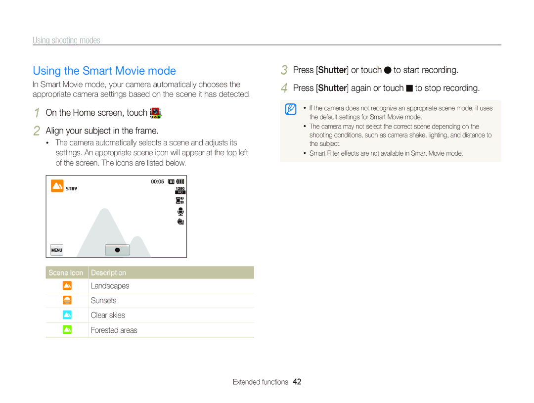 Samsung EC-ST700ZBPBUS, ECST700 user manual Using the Smart Movie mode, Landscapes Sunsets Clear skies Forested areas 