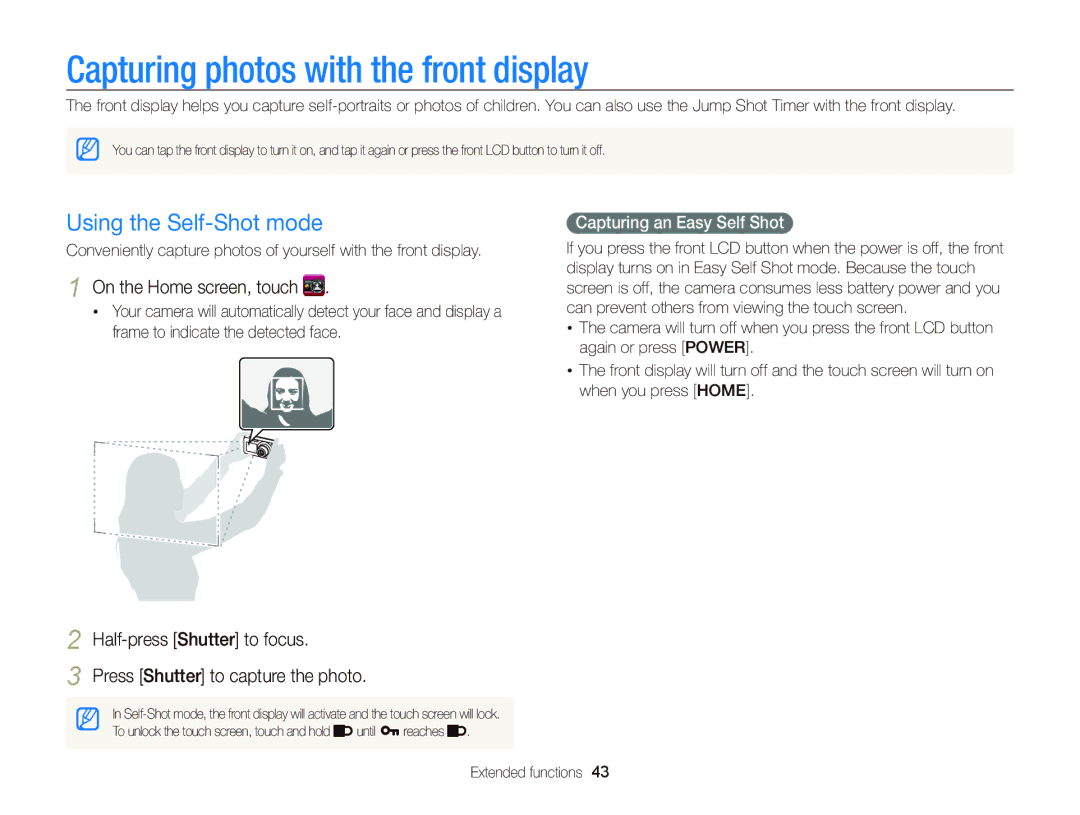 Samsung ECST700 user manual Capturing photos with the front display, Using the Self-Shot mode, Capturing an Easy Self Shot 