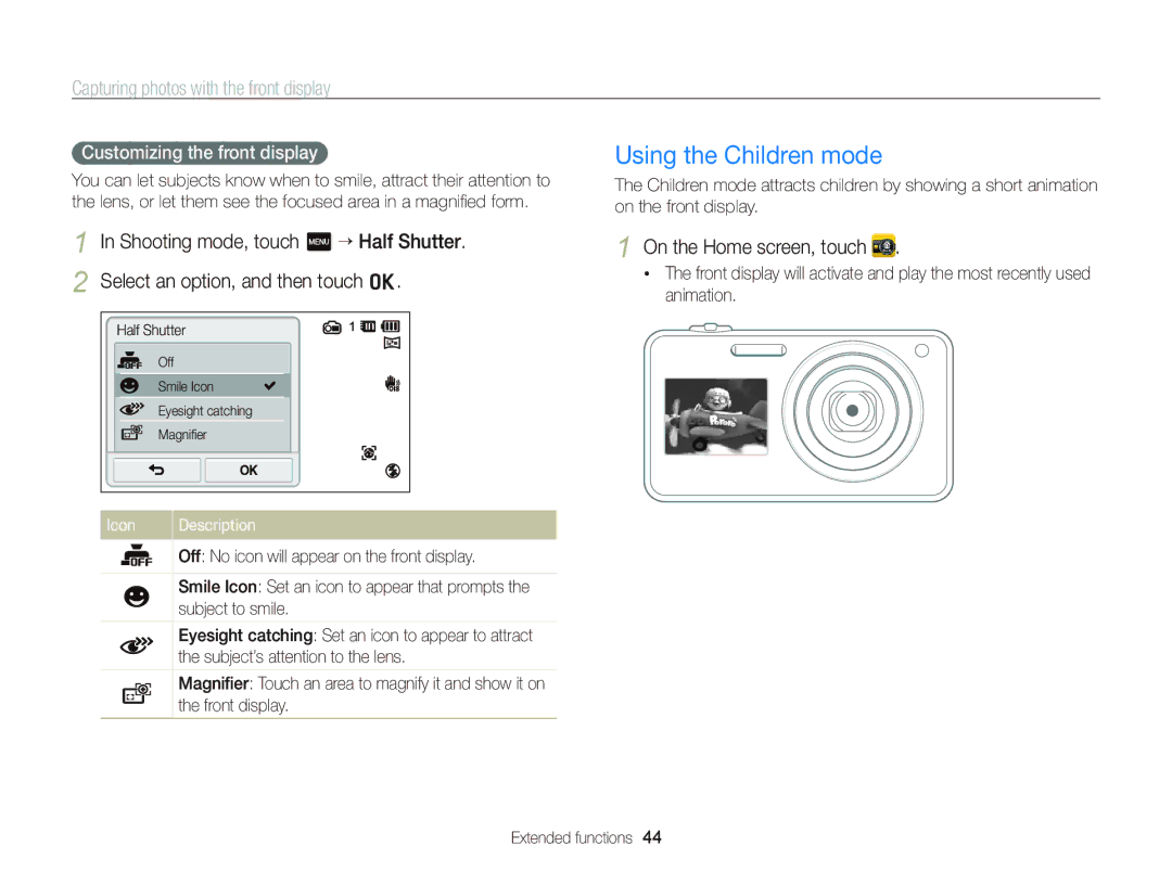 Samsung EC-ST700ZBPBUS Using the Children mode, Capturing photos with the front display, Customizing the front display 