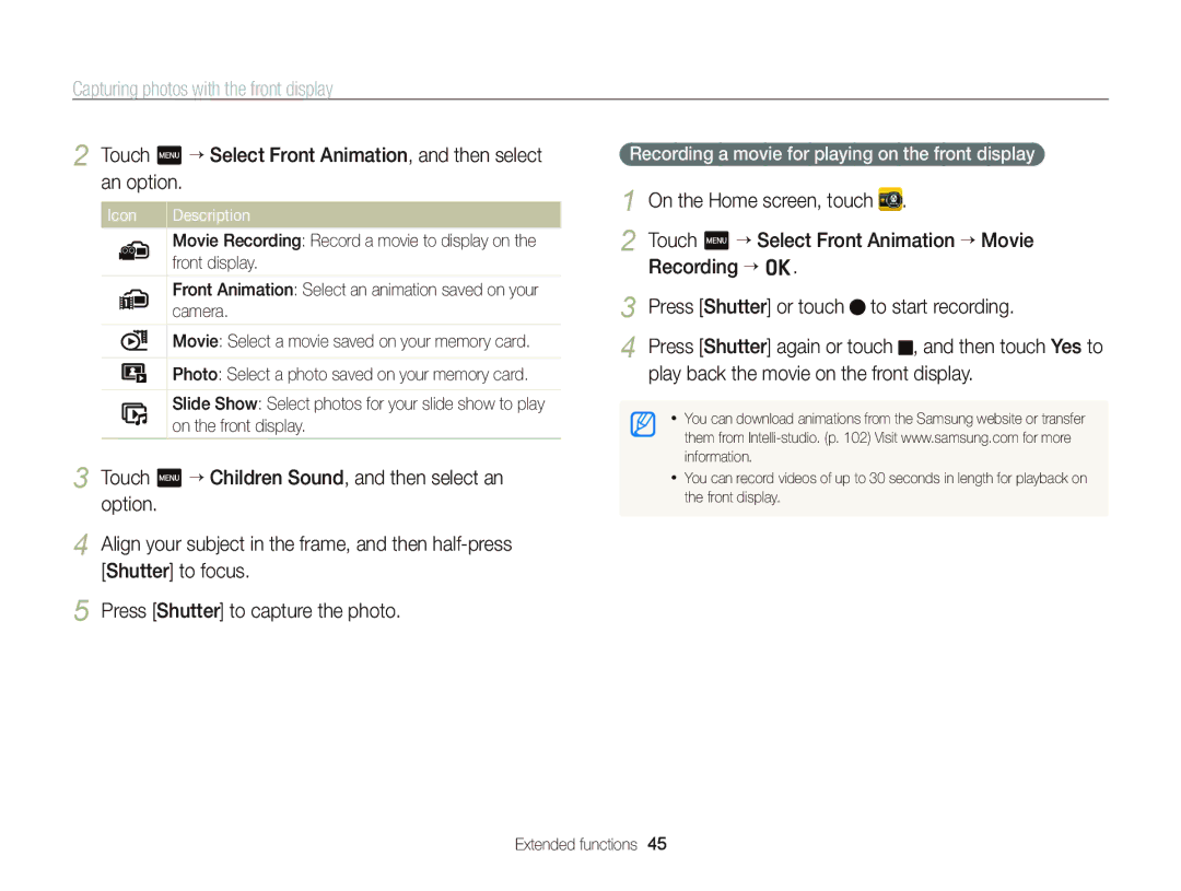 Samsung ECST700 Touch m “ Select Front Animation, and then select an option, Touch m “ Select Front Animation “ Movie 