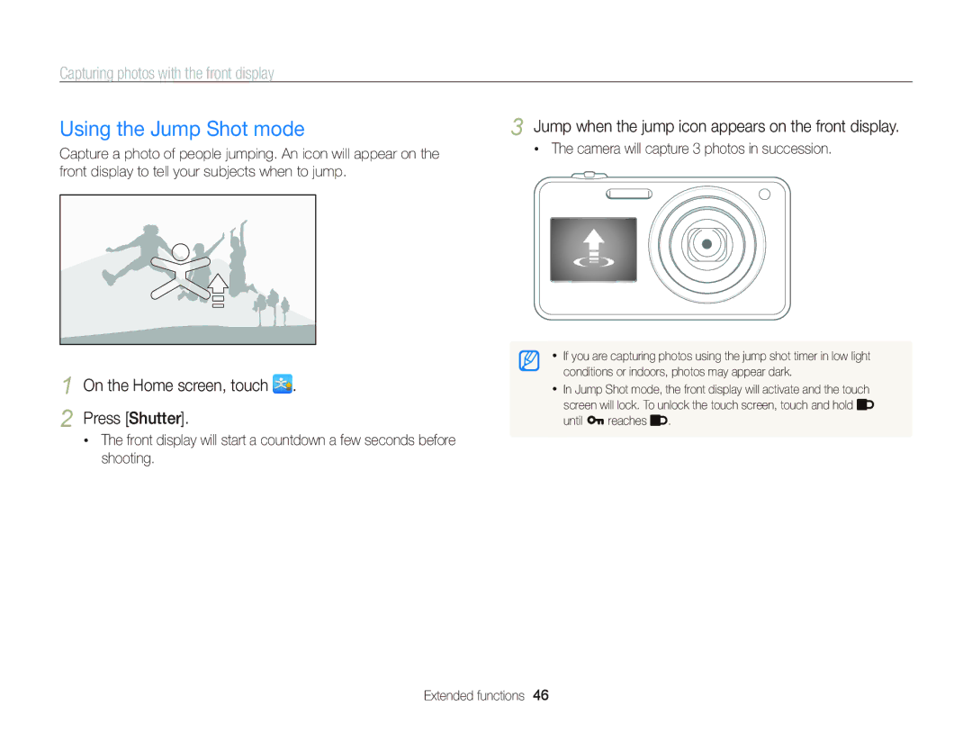 Samsung EC-ST700ZBPBUS, ECST700 user manual Using the Jump Shot mode, On the Home screen, touch Press Shutter 