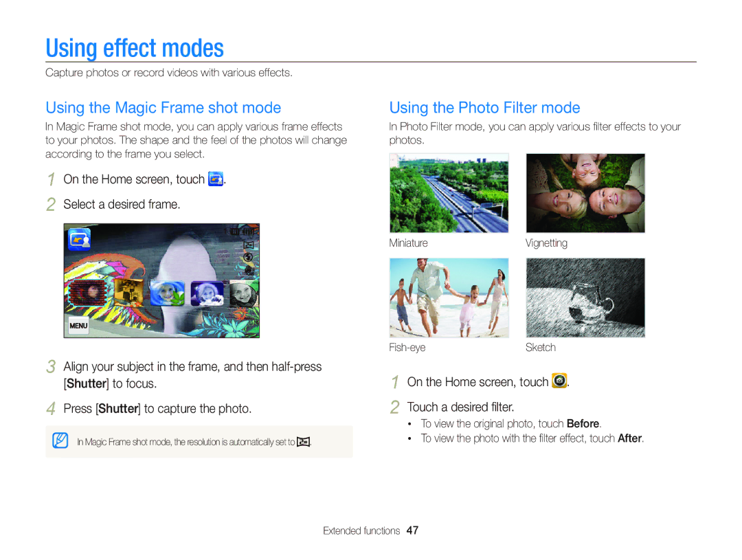 Samsung ECST700, EC-ST700ZBPBUS user manual Using effect modes, Using the Magic Frame shot mode, Using the Photo Filter mode 