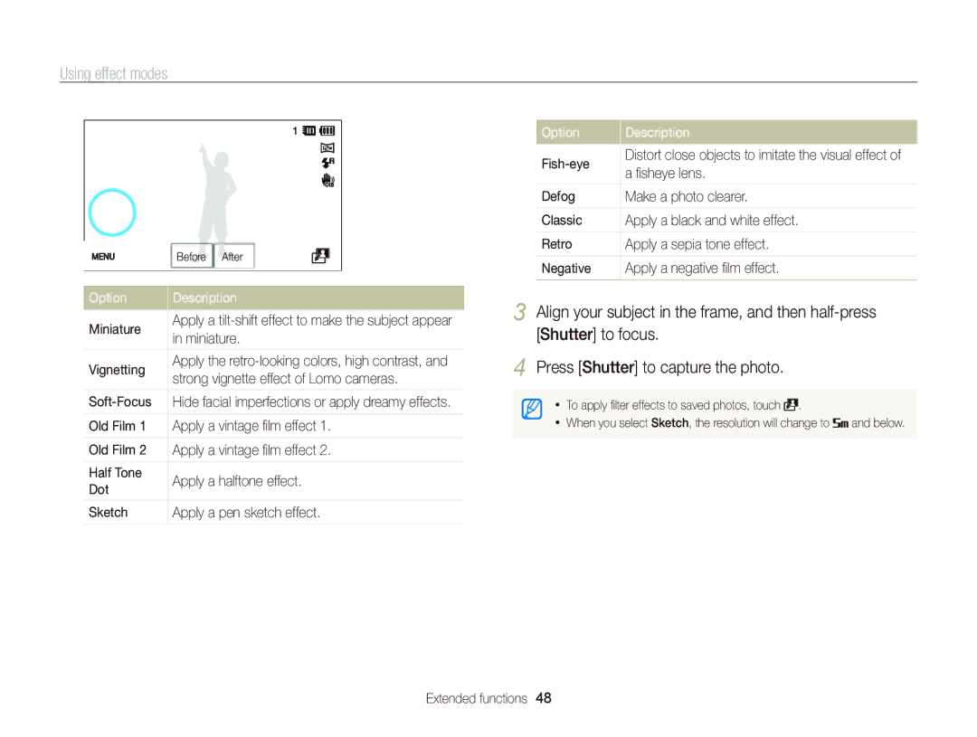 Samsung EC-ST700ZBPBUS, ECST700 user manual Using effect modes, Option Description 