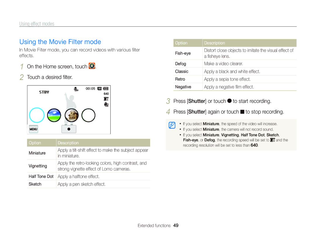 Samsung ECST700, EC-ST700ZBPBUS user manual Using the Movie Filter mode, Sketch Apply a pen sketch effect 