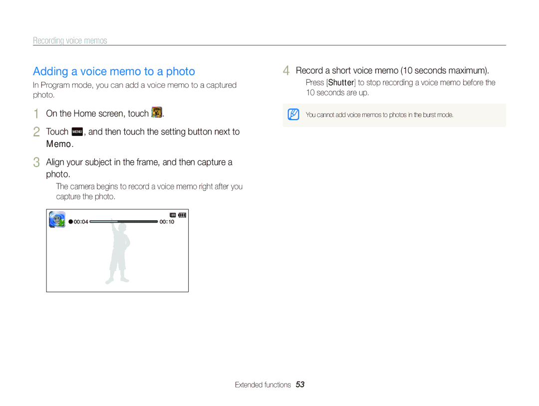 Samsung ECST700 Adding a voice memo to a photo, Recording voice memos, Memo, Record a short voice memo 10 seconds maximum 