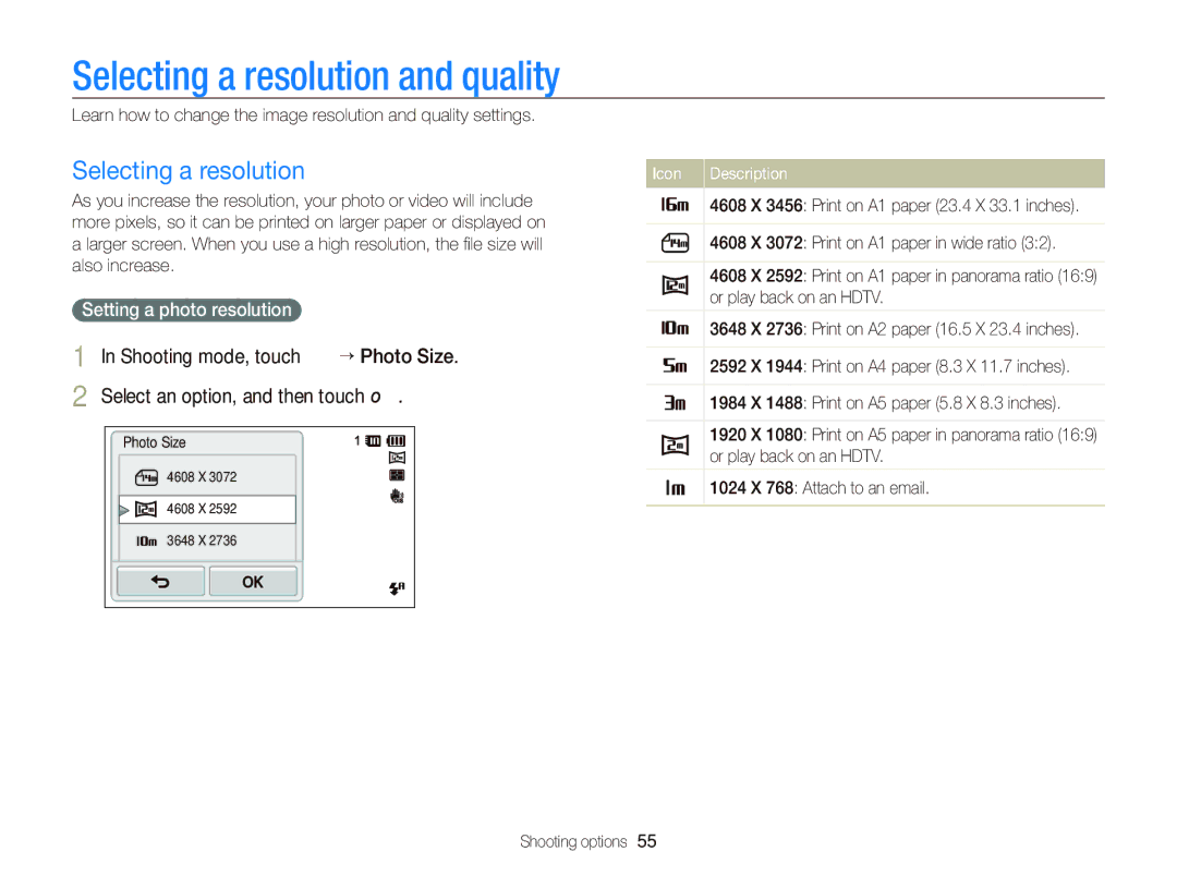 Samsung ECST700, EC-ST700ZBPBUS user manual Selecting a resolution and quality, Setting a photo resolution 