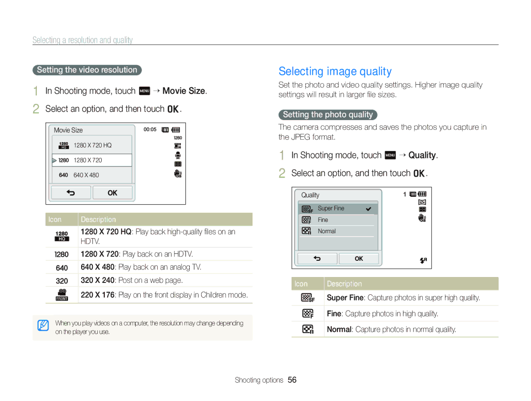 Samsung EC-ST700ZBPBUS, ECST700 Selecting image quality, Selecting a resolution and quality, Setting the video resolution 