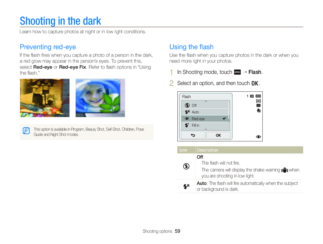 Samsung ECST700, EC-ST700ZBPBUS user manual Shooting in the dark, Preventing red-eye, Using the ﬂash 