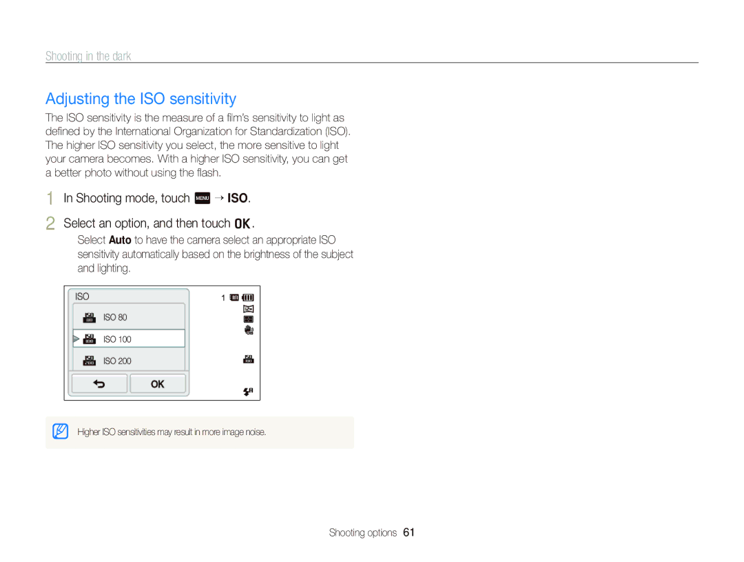 Samsung ECST700, EC-ST700ZBPBUS user manual Adjusting the ISO sensitivity 