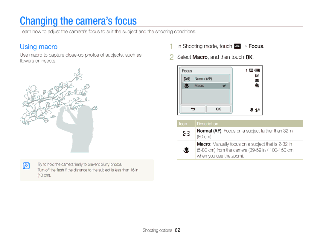 Samsung EC-ST700ZBPBUS, ECST700 user manual Changing the camera’s focus, Using macro, 80 cm, When you use the zoom 