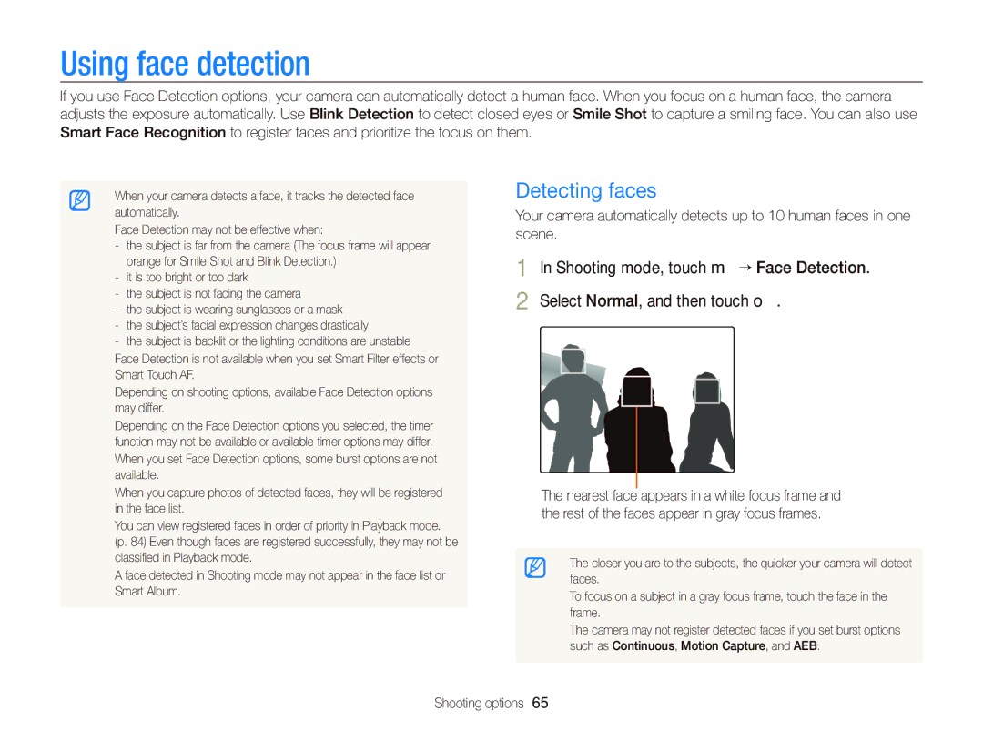 Samsung ECST700, EC-ST700ZBPBUS user manual Using face detection, Detecting faces 