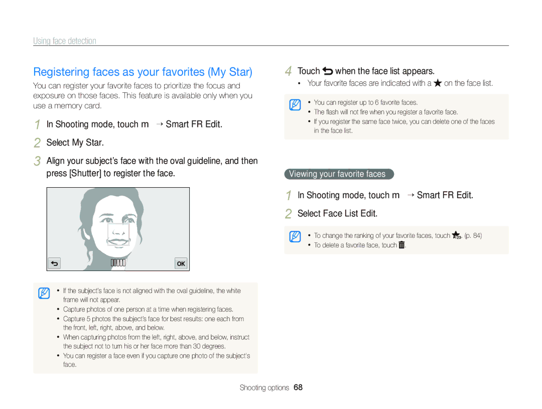 Samsung EC-ST700ZBPBUS, ECST700 user manual Registering faces as your favorites My Star, Touch when the face list appears 