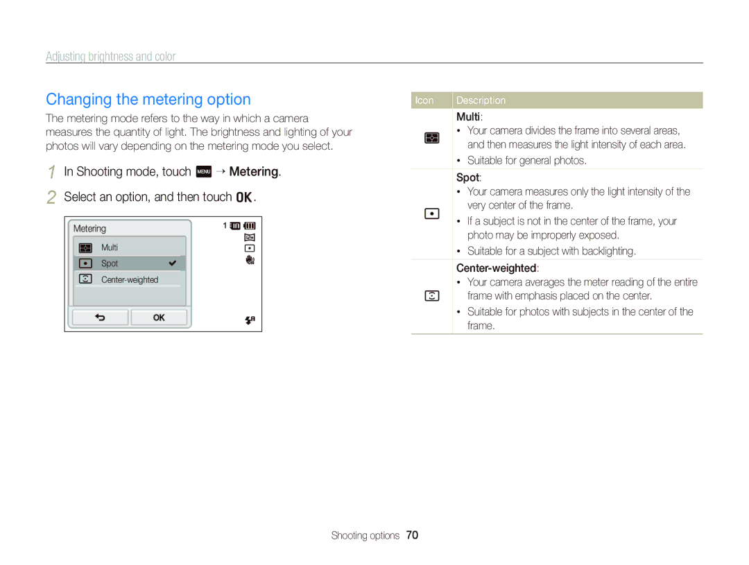 Samsung EC-ST700ZBPBUS, ECST700 user manual Changing the metering option, Adjusting brightness and color 