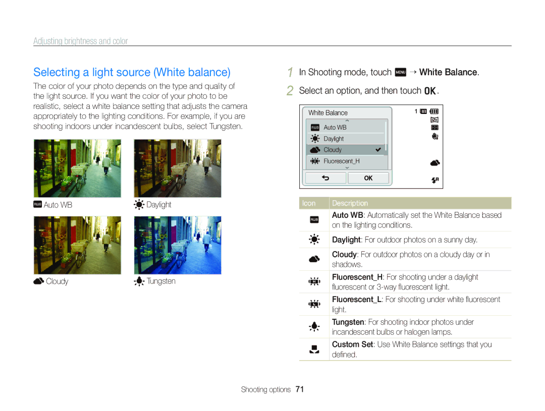 Samsung ECST700, EC-ST700ZBPBUS user manual Selecting a light source White balance 