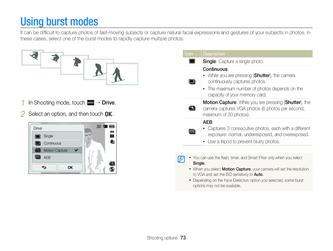 Samsung ECST700, EC-ST700ZBPBUS user manual Using burst modes, Use a tripod to prevent blurry photos 