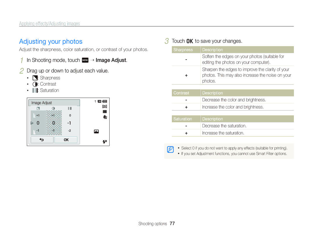 Samsung ECST700, EC-ST700ZBPBUS user manual Adjusting your photos, Touch o to save your changes 