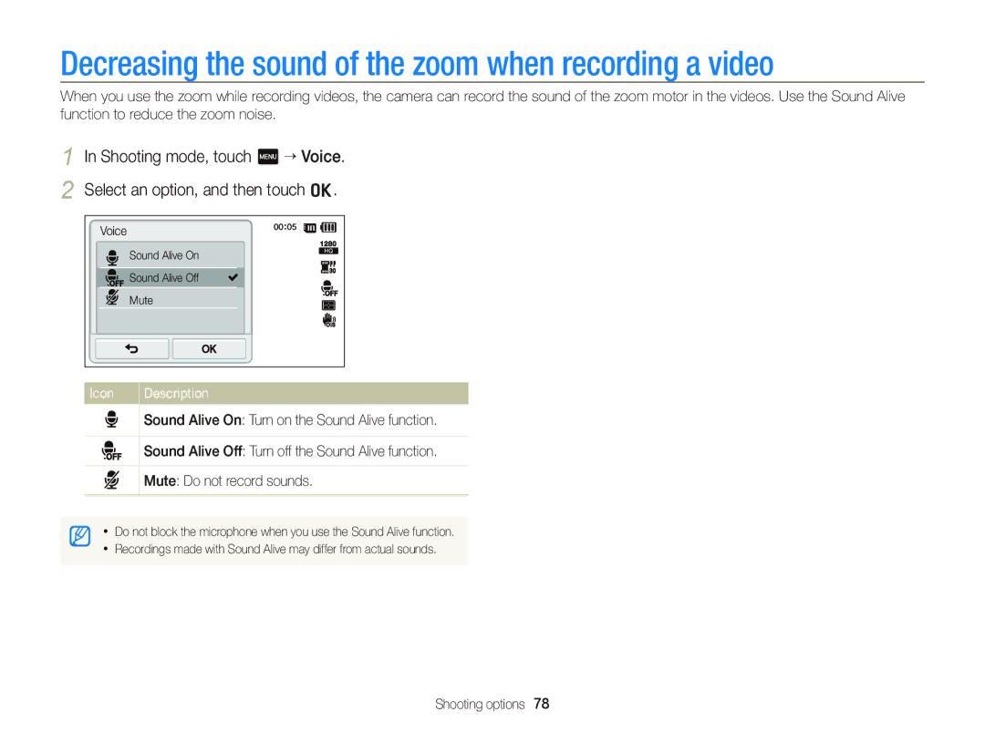 Samsung EC-ST700ZBPBUS, ECST700 user manual Decreasing the sound of the zoom when recording a video, Icon Description 