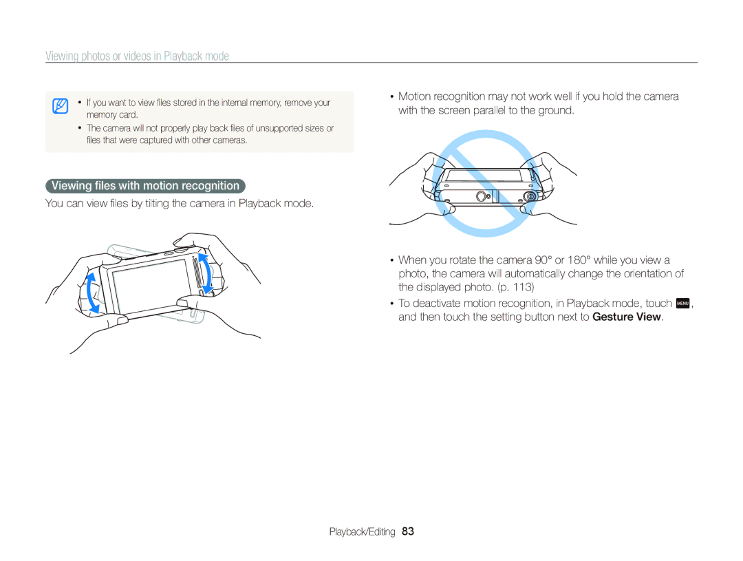 Samsung ECST700, EC-ST700ZBPBUS user manual Viewing photos or videos in Playback mode, Viewing ﬁles with motion recognition 