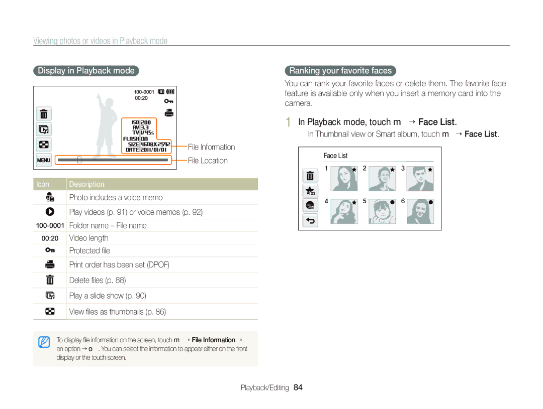 Samsung EC-ST700ZBPBUS, ECST700 Playback mode, touch m “ Face List, Display in Playback mode, Ranking your favorite faces 
