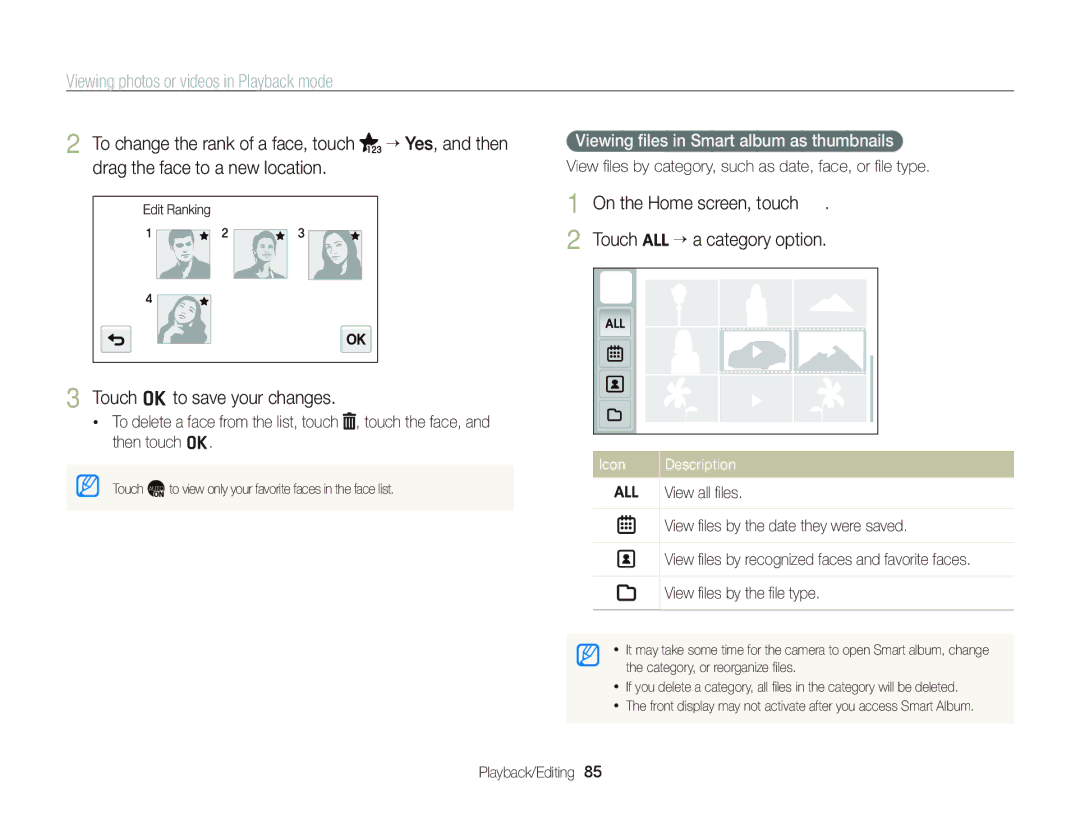 Samsung ECST700 user manual On the Home screen, touch Touch “ a category option, Viewing ﬁles in Smart album as thumbnails 