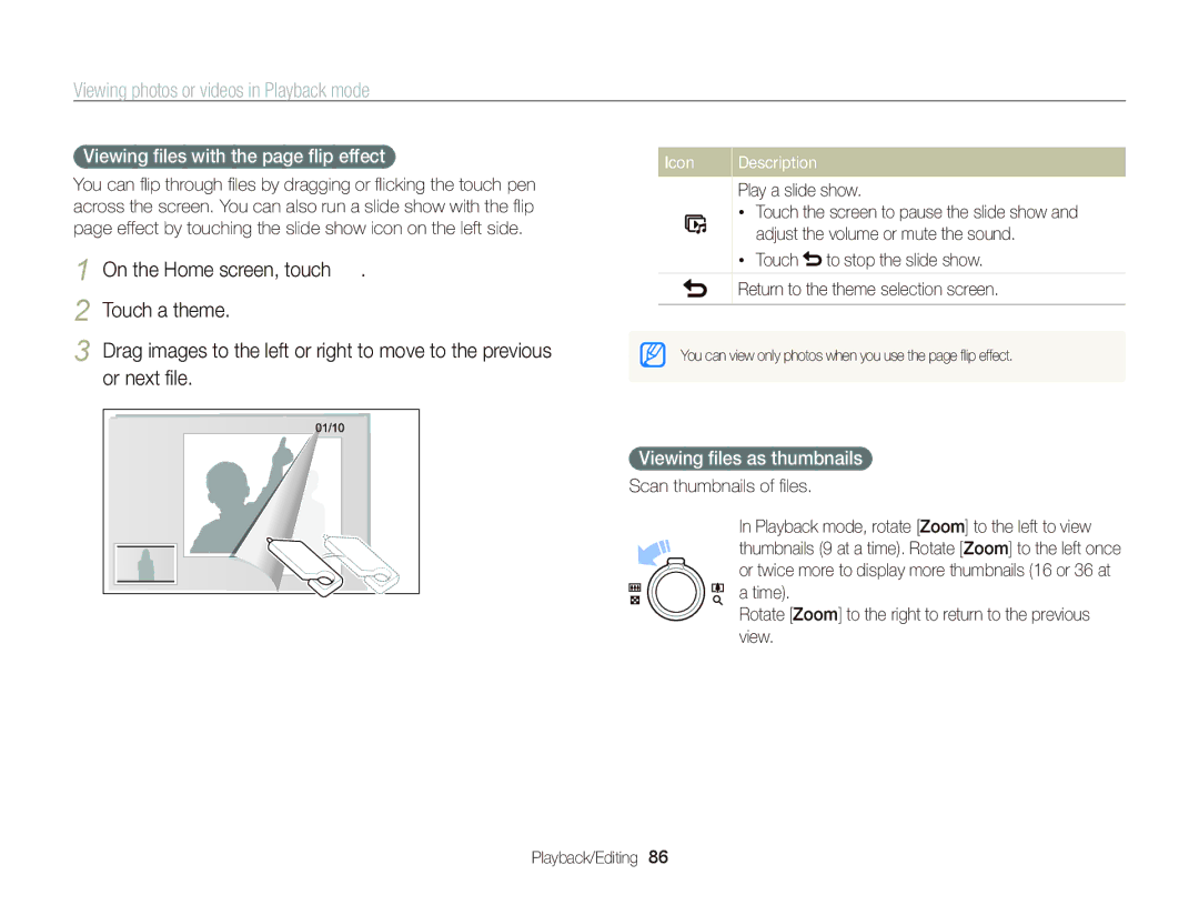 Samsung EC-ST700ZBPBUS Touch a theme, Or next ﬁle, Viewing ﬁles with the page ﬂip effect, Viewing ﬁles as thumbnails 