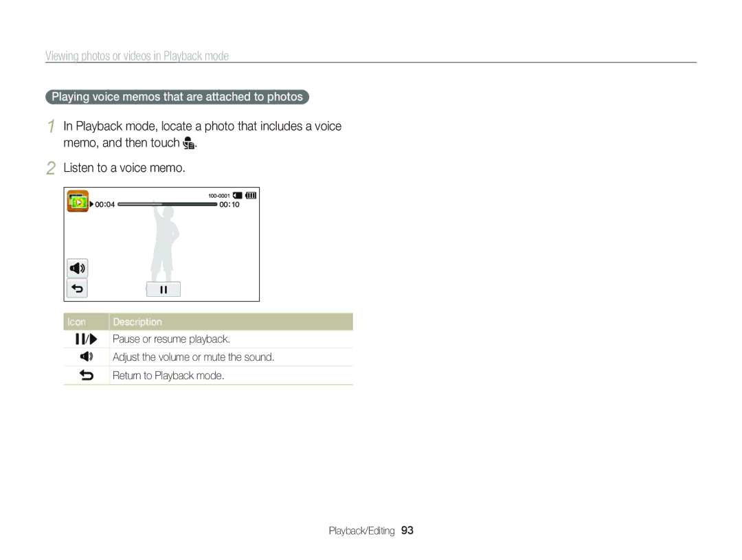 Samsung ECST700, EC-ST700ZBPBUS user manual Playing voice memos that are attached to photos 