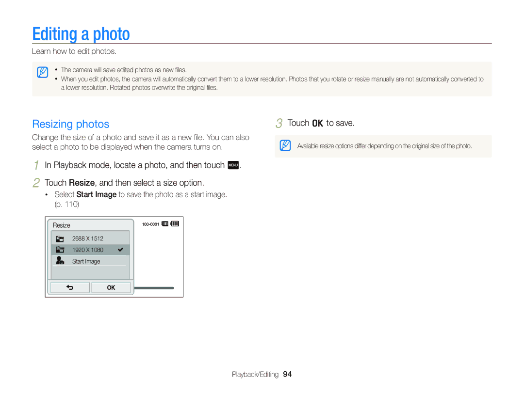 Samsung EC-ST700ZBPBUS, ECST700 user manual Editing a photo, Resizing photos, Learn how to edit photos 