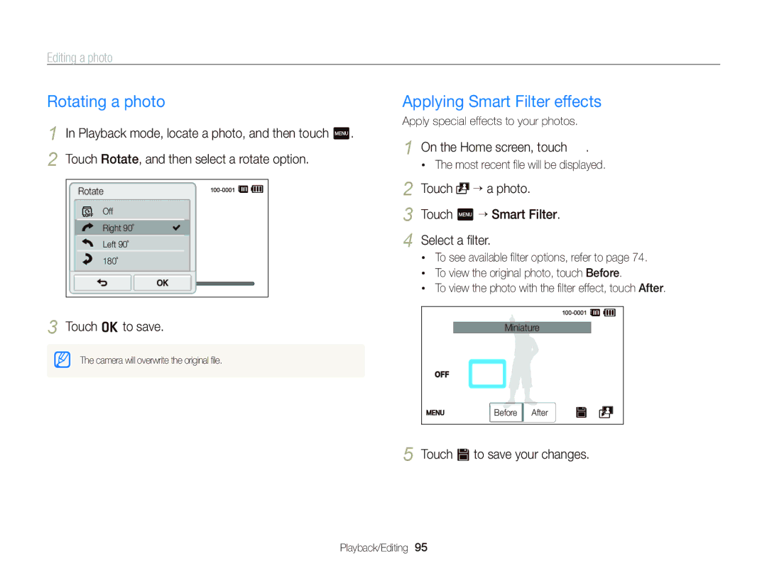 Samsung ECST700, EC-ST700ZBPBUS Rotating a photo, Editing a photo, Touch “ a photo Touch m “ Smart Filter Select a ﬁlter 