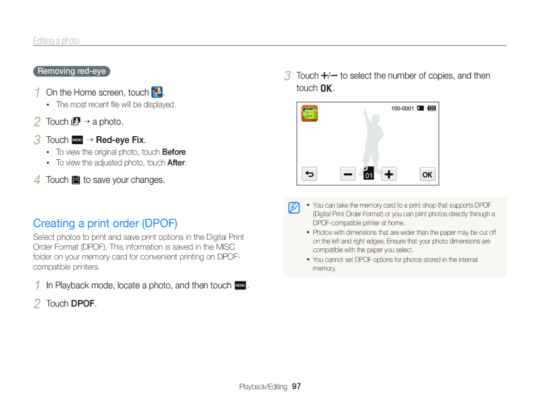 Samsung ECST700, EC-ST700ZBPBUS Creating a print order Dpof, Touch “ a photo, Removing red-eye, Touch m “ Red-eye Fix 