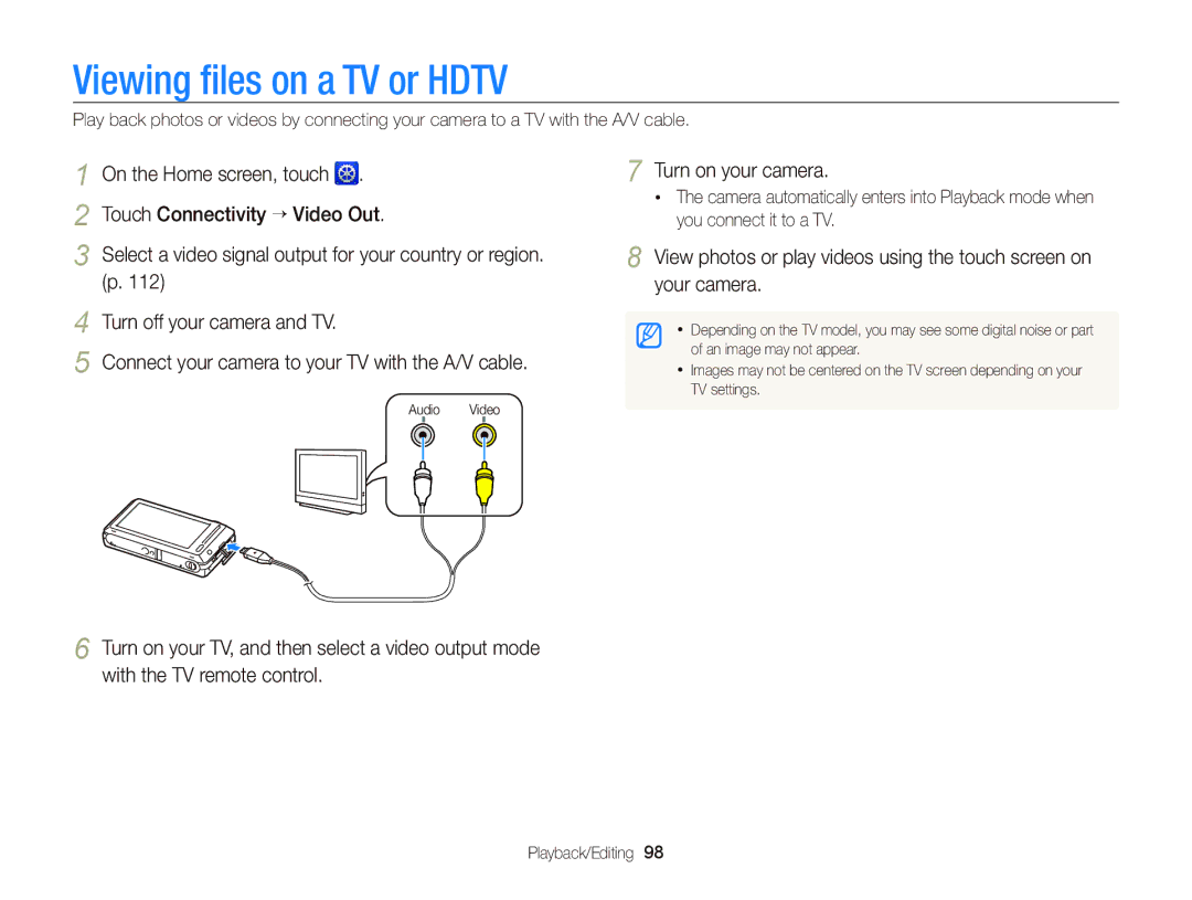 Samsung EC-ST700ZBPBUS, ECST700 Viewing ﬁles on a TV or Hdtv, Touch Connectivity “ Video Out, Turn off your camera and TV 