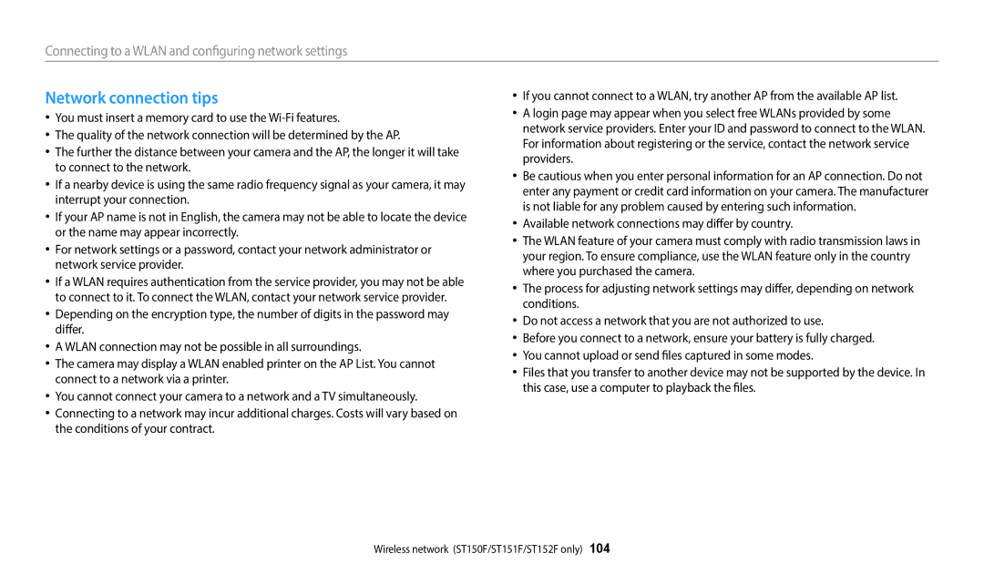 Samsung ECST72ZZBPWPA, EC-ST150FBPWUS, EC-ST150FBPRUS, EC-ST150FBPSUS, EC-ST150FBPBUS user manual Network connection tips 