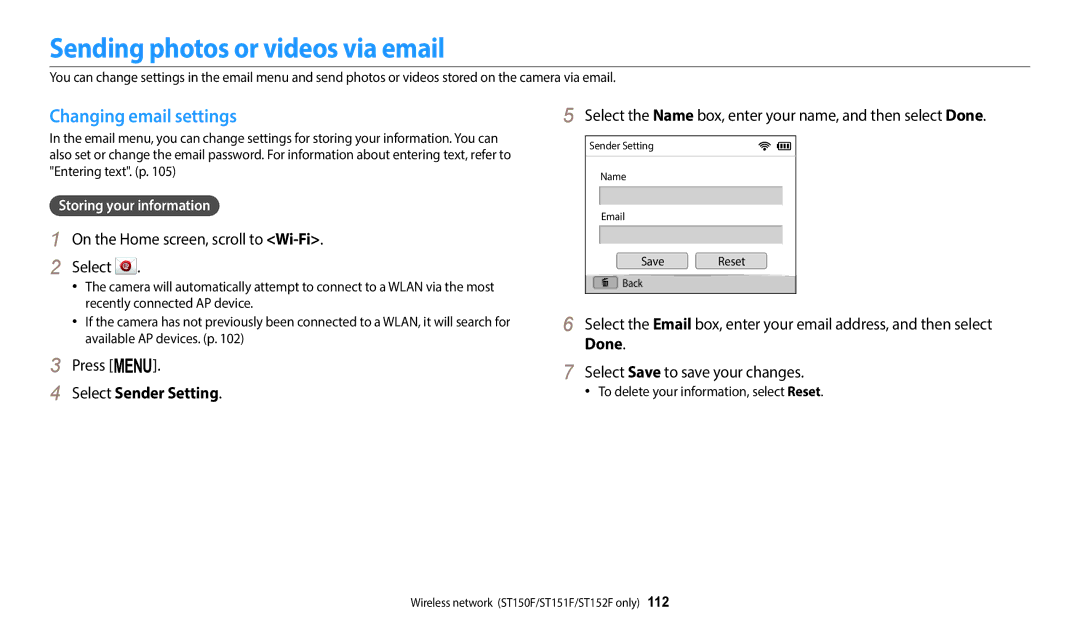 Samsung EC-ST150FBPSUS, ECST72ZZBPWPA Sending photos or videos via email, Changing email settings, Select Sender Setting 