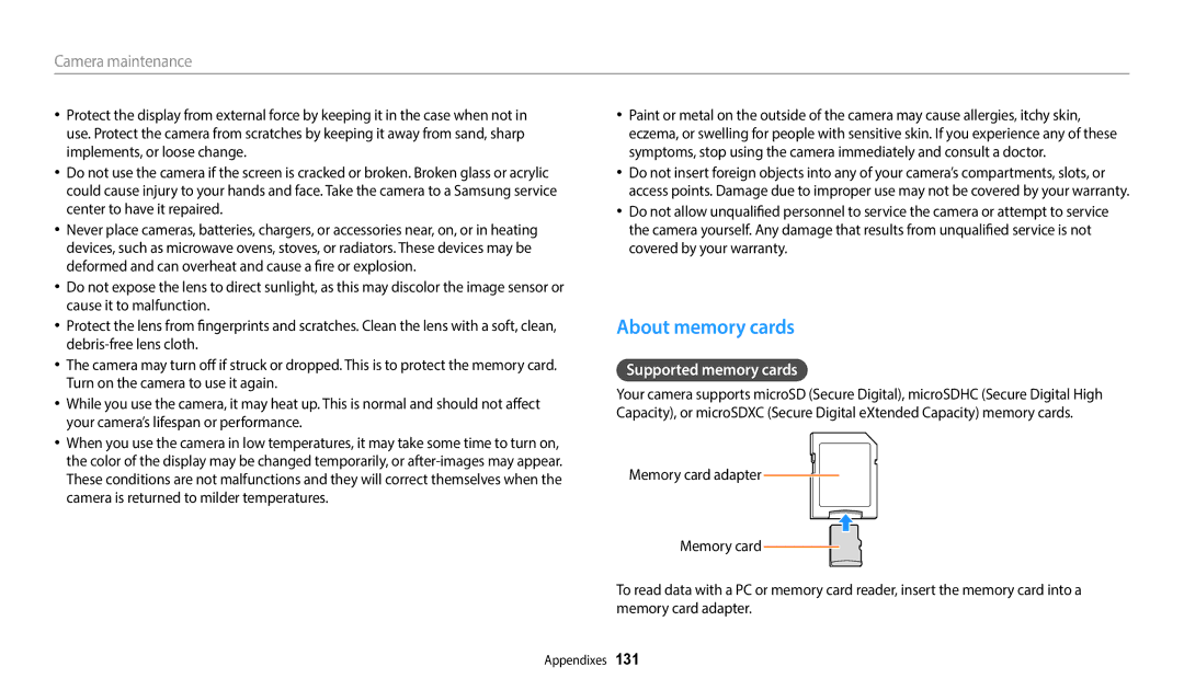 Samsung EC-ST150FBPRUS, ECST72ZZBPWPA, EC-ST150FBPWUS, EC-ST150FBPSUS user manual About memory cards, Supported memory cards 