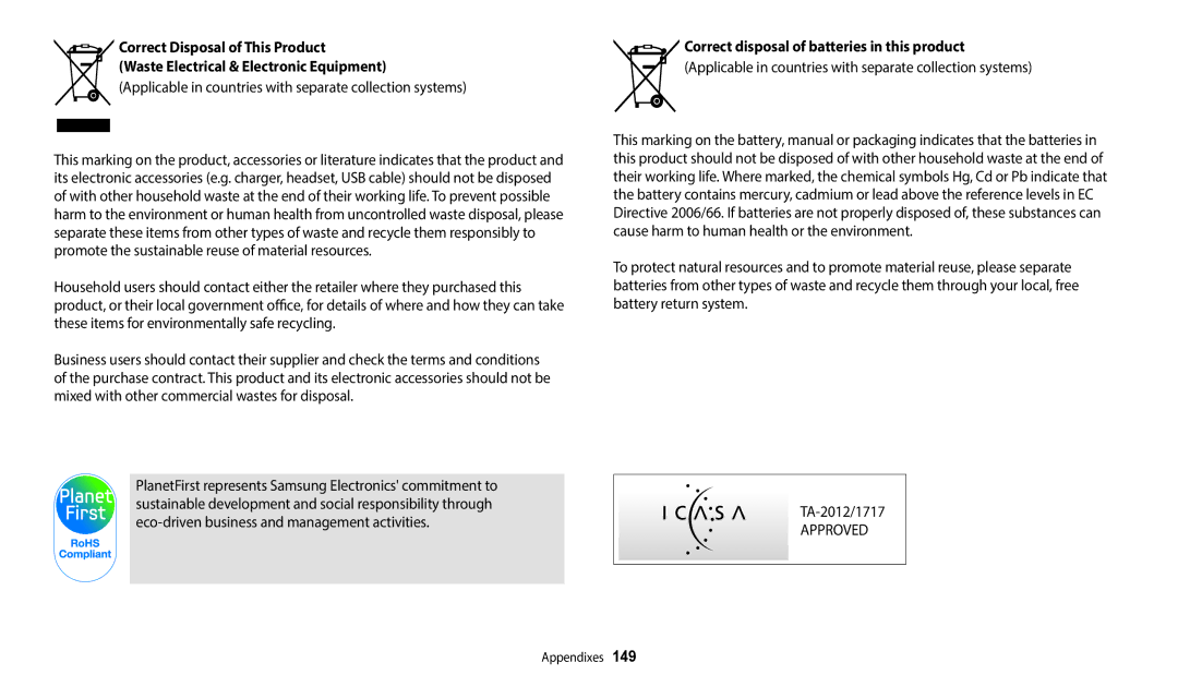 Samsung ECST72ZZBPWPA, EC-ST150FBPWUS user manual Applicable in countries with separate collection systems, TA-2012/1717 