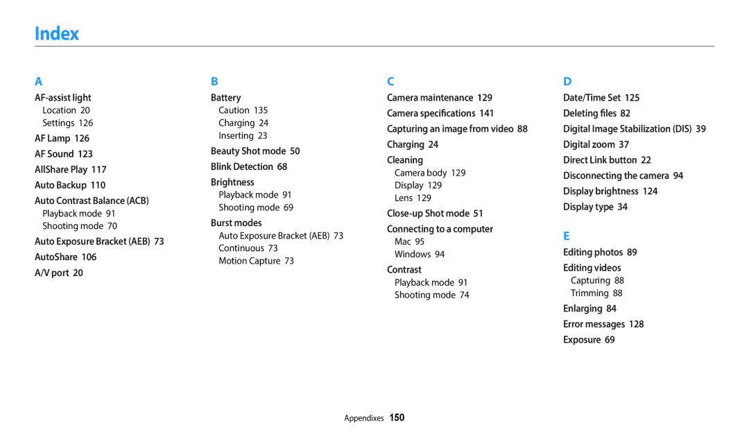 Samsung EC-ST150FBPWUS, ECST72ZZBPWPA, EC-ST150FBPRUS, EC-ST150FBPSUS, EC-ST150FBPBUS user manual Index 