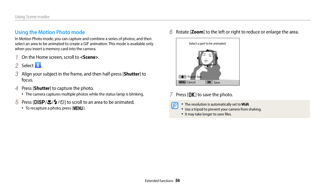 Samsung EC-ST150FBPRUS, ECST72ZZBPWPA Using the Motion Photo mode, Press D/c/F/t to scroll to an area to be animated 