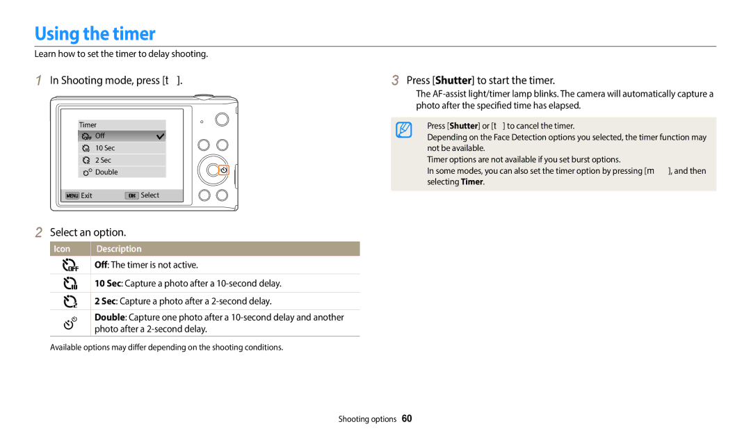 Samsung EC-ST150FBPWUS, ECST72ZZBPWPA user manual Using the timer, Shooting mode, press t, Press Shutter to start the timer 