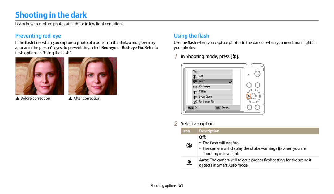 Samsung EC-ST150FBPRUS user manual Shooting in the dark, Preventing red-eye, Using the flash, Shooting mode, press F, Off 