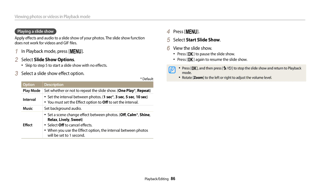 Samsung EC-ST150FBPRUS user manual Select Slide Show Options, Select a slide show effect option, Select Start Slide Show 