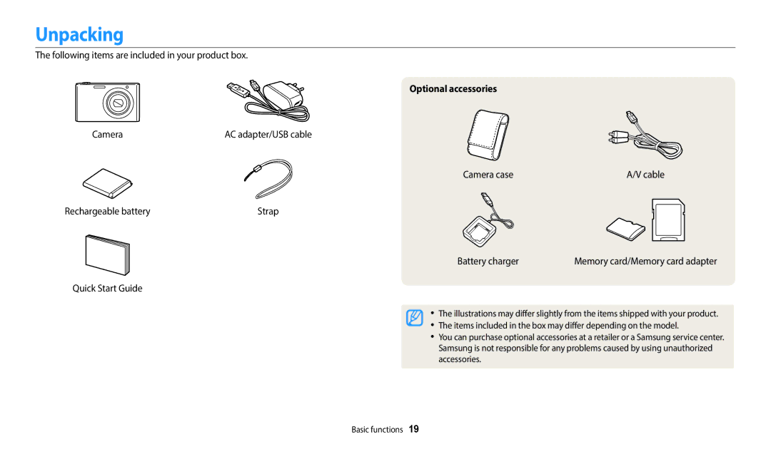 Samsung ECST72ZZBPWUS user manual Unpacking, Optional accessories 