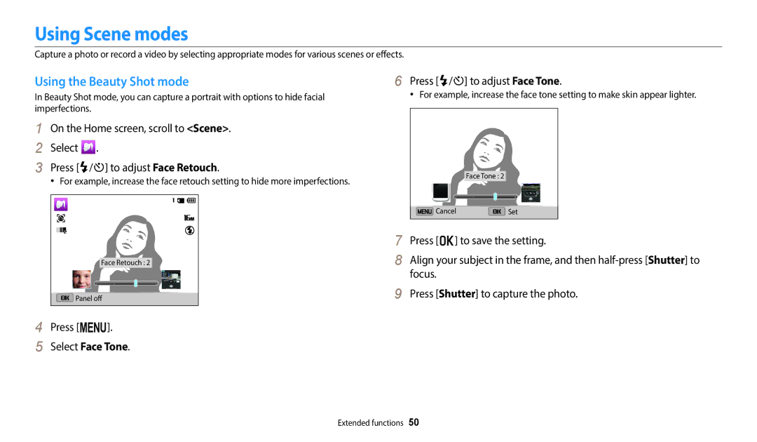 Samsung ECST72ZZBPWUS Using Scene modes, Using the Beauty Shot mode, Select Face Tone, Press F/t to adjust Face Tone 