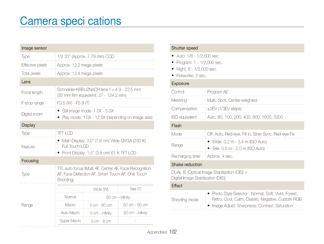 Samsung ECTL220ZBPUUS user manual Camera speciﬁcations 