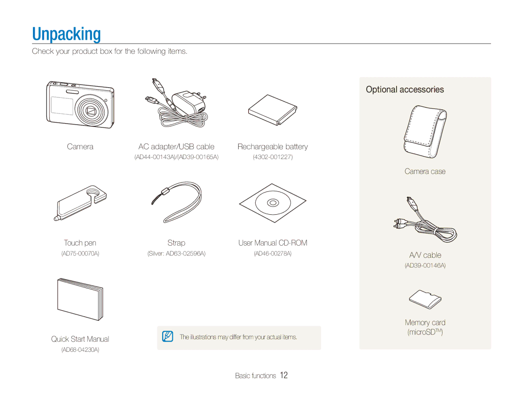 Samsung ECTL220ZBPUUS user manual Unpacking, Check your product box for the following items Camera, Quick Start Manual 